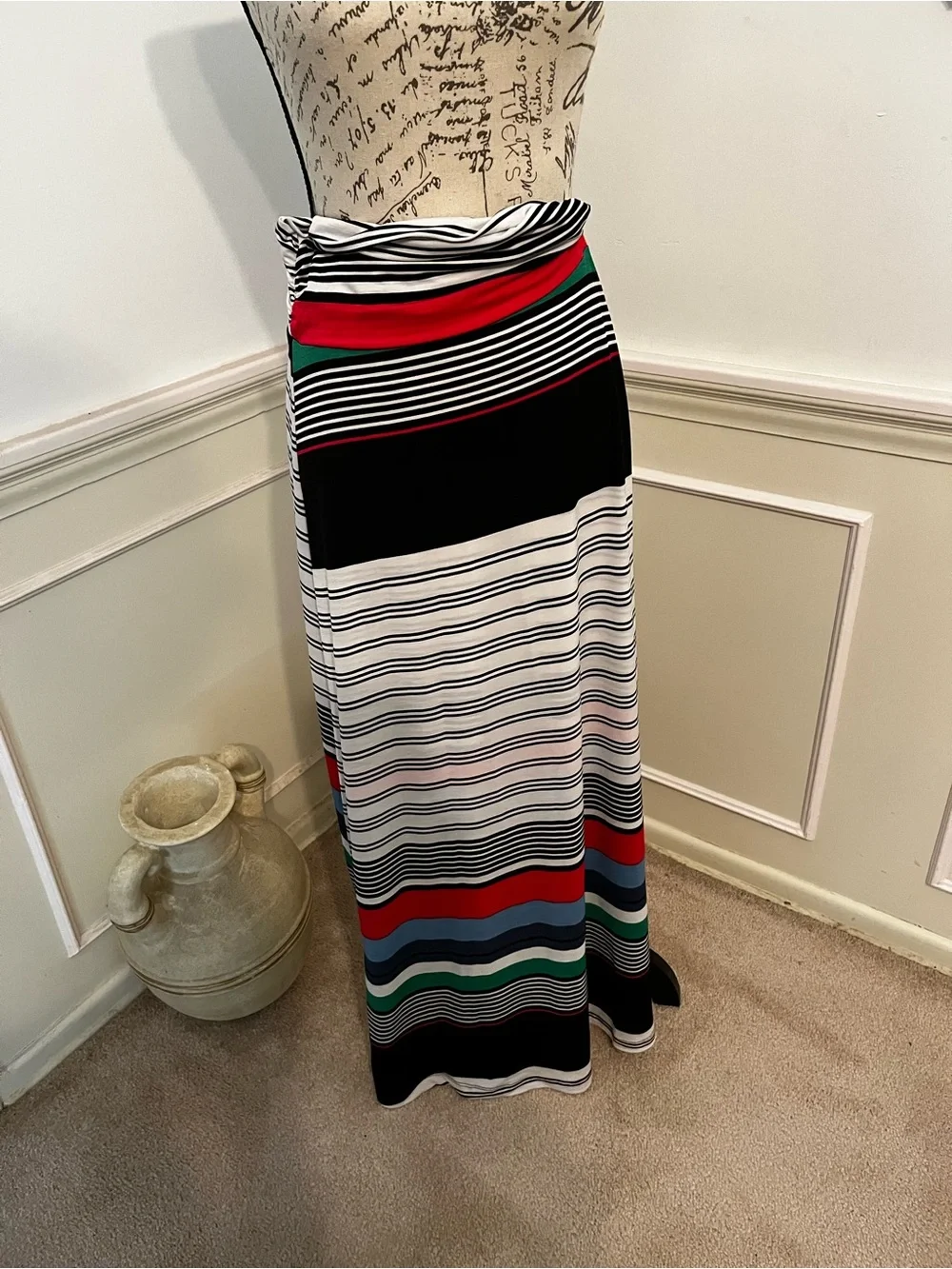 Striped Maxi Skirt in Black, White, Red & Green - Picture 2 of 5